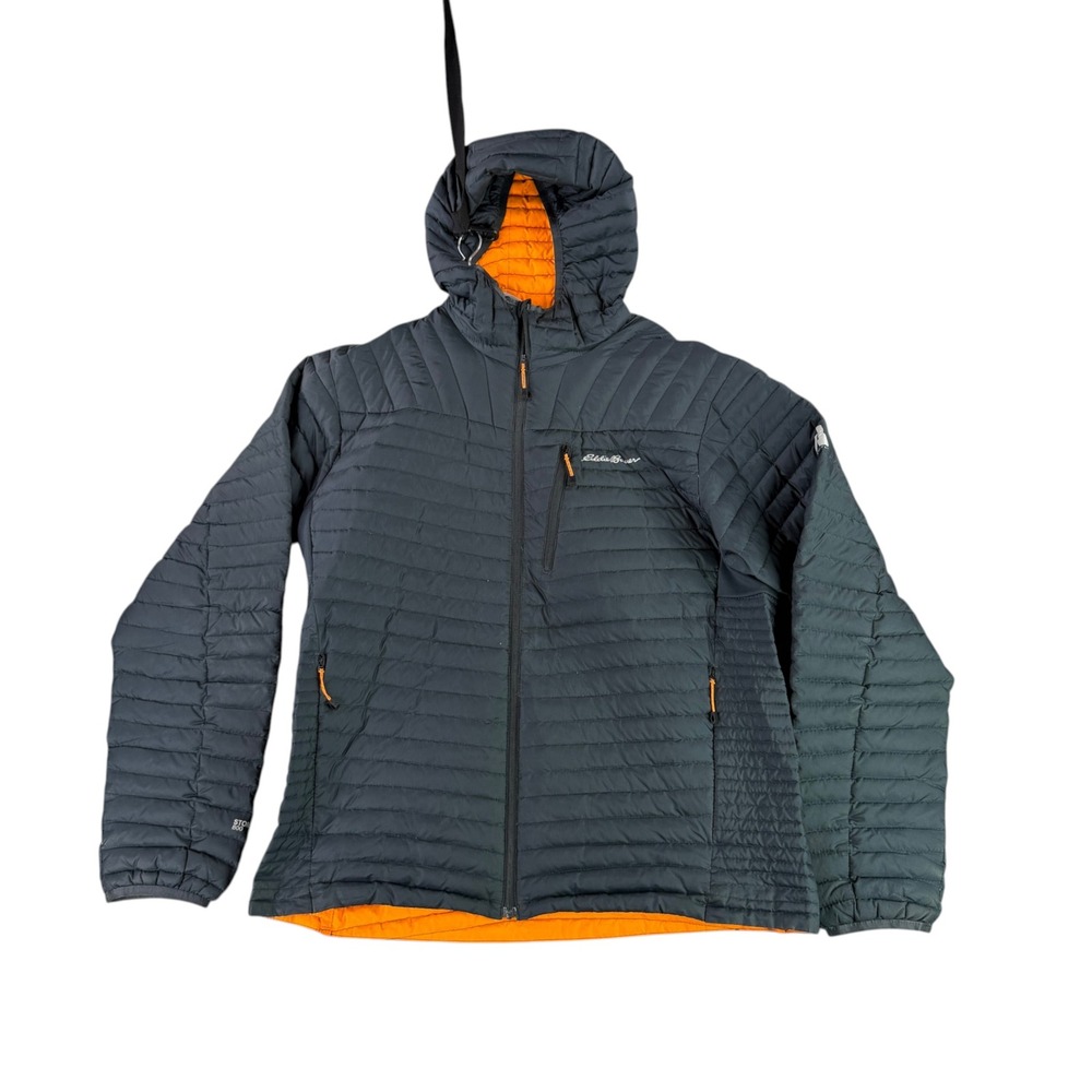 Eddie Bauer Puffer Jacket Mens Large Gray Orange 800 Fill StormDown Hooded
